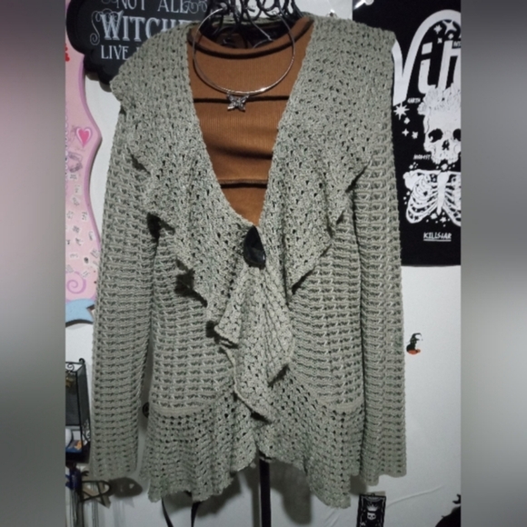 pbj sport Sweaters - 2/$10 Woman's Y2K Green Knitted Fringe Button Cardigan Size Large
